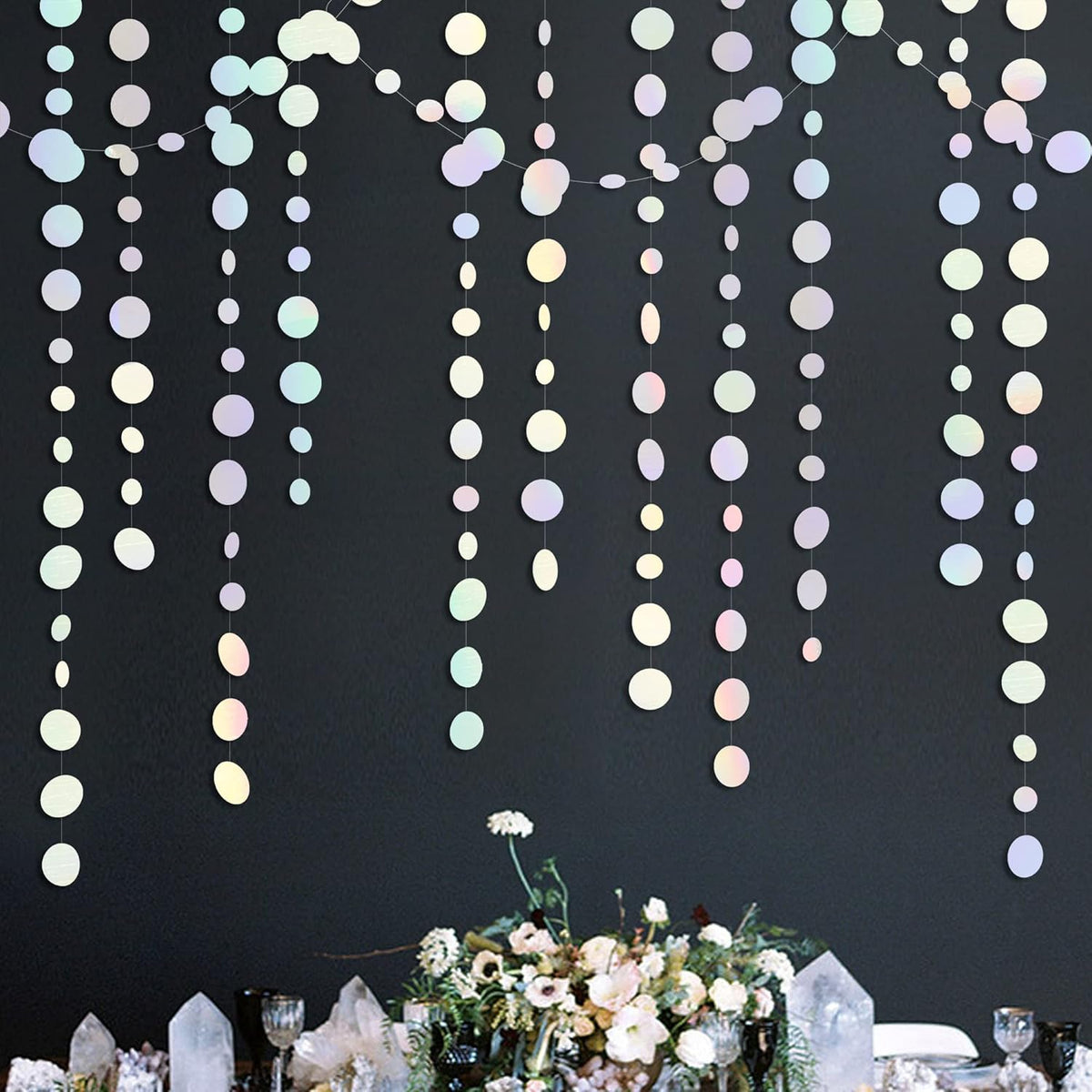 46 Ft White Iridescent Circle Dots Garland Hanging Holographic Polka Dots Streamer for Birthday Bachelorette Engagement Wedding Bridal Shower Galaxy Pastel Winter Christmas Party Decorations Supplies - HavenBliss Decor