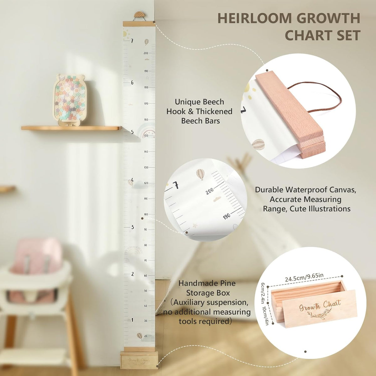 Growth Chart for Wall 7 Ft Height Chart with Keepsake Box & Hook Waterproof Canvas Measure Wall Ruler Removable Neutral Nursery Wall Decor for Baby Kids Toddlers - HavenBliss Decor
