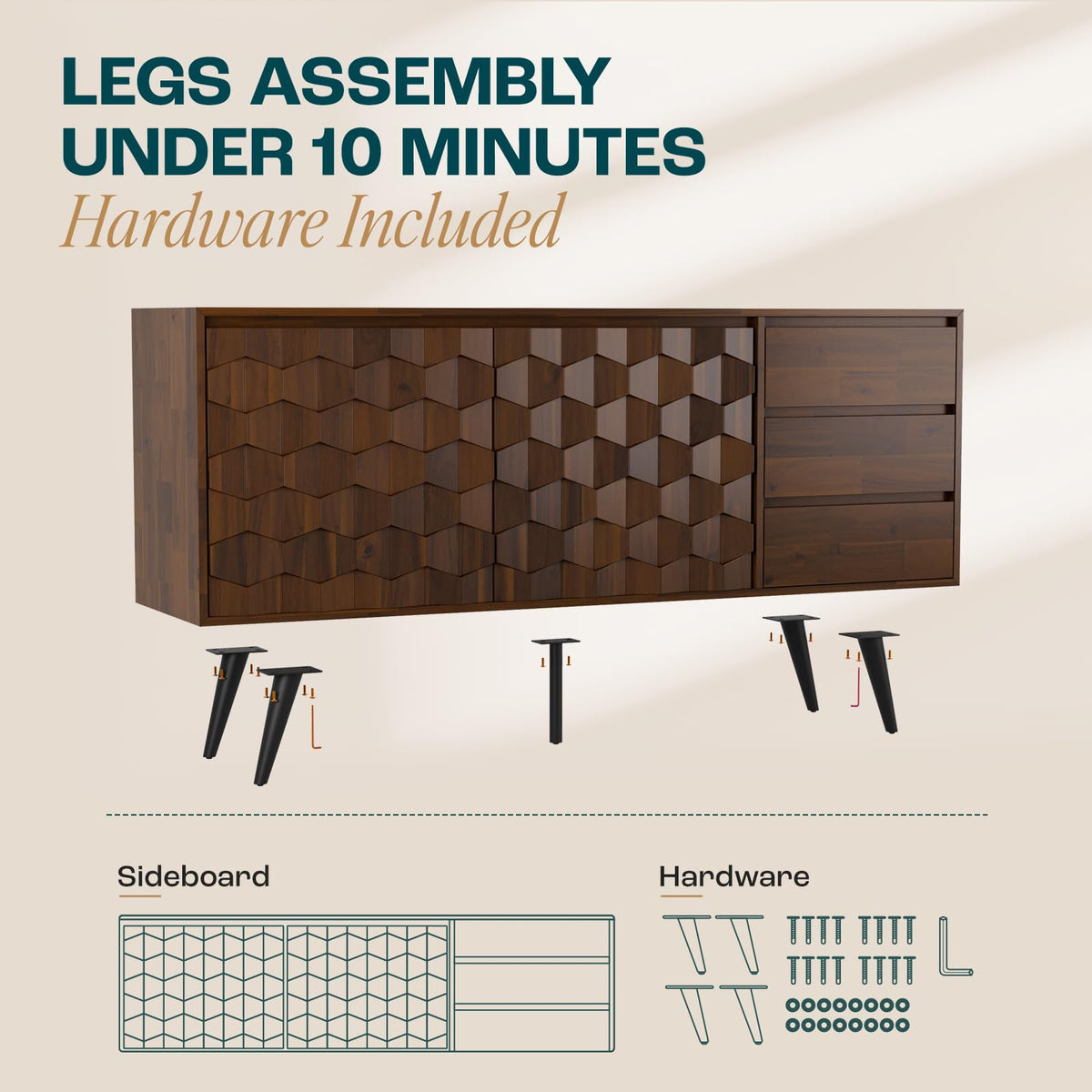 Sideboard Georgina Solid Wood 2 Doors & 3 Drawers