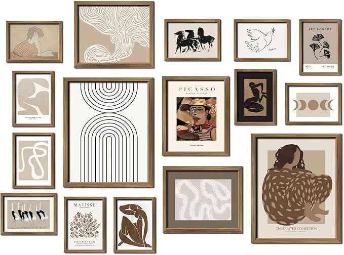 ANERZA 16 PCS Framed Boho Eclectic Wall Art Decor, Abstract Wall Collage Kit Prints for Bedroom Bathroom, Gallery Wall Frame Set, Minimalist Posters for Living Room Aesthetic, Beige and Brown Dorm Artwork