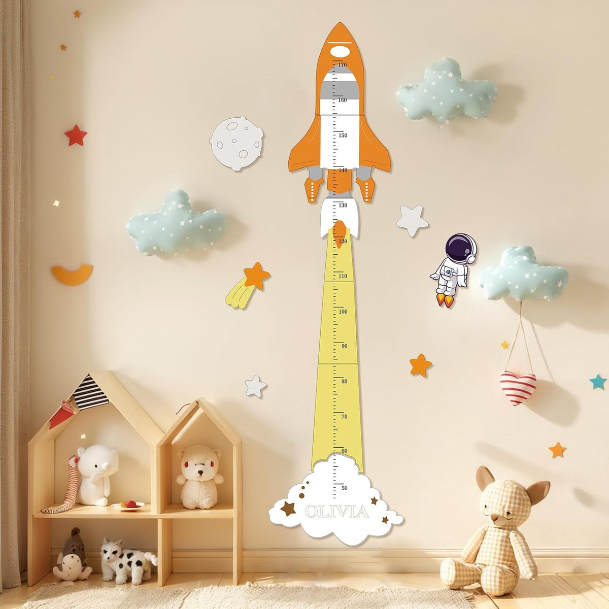 Personalized Name Height Chart for Kids, Cute Rocket Wooden Growth Chart for Kids, Wall Height Chart for Children, Cute Wall Ruler for Kids, Track Height Measurement, Easy to Install - HavenBliss Decor