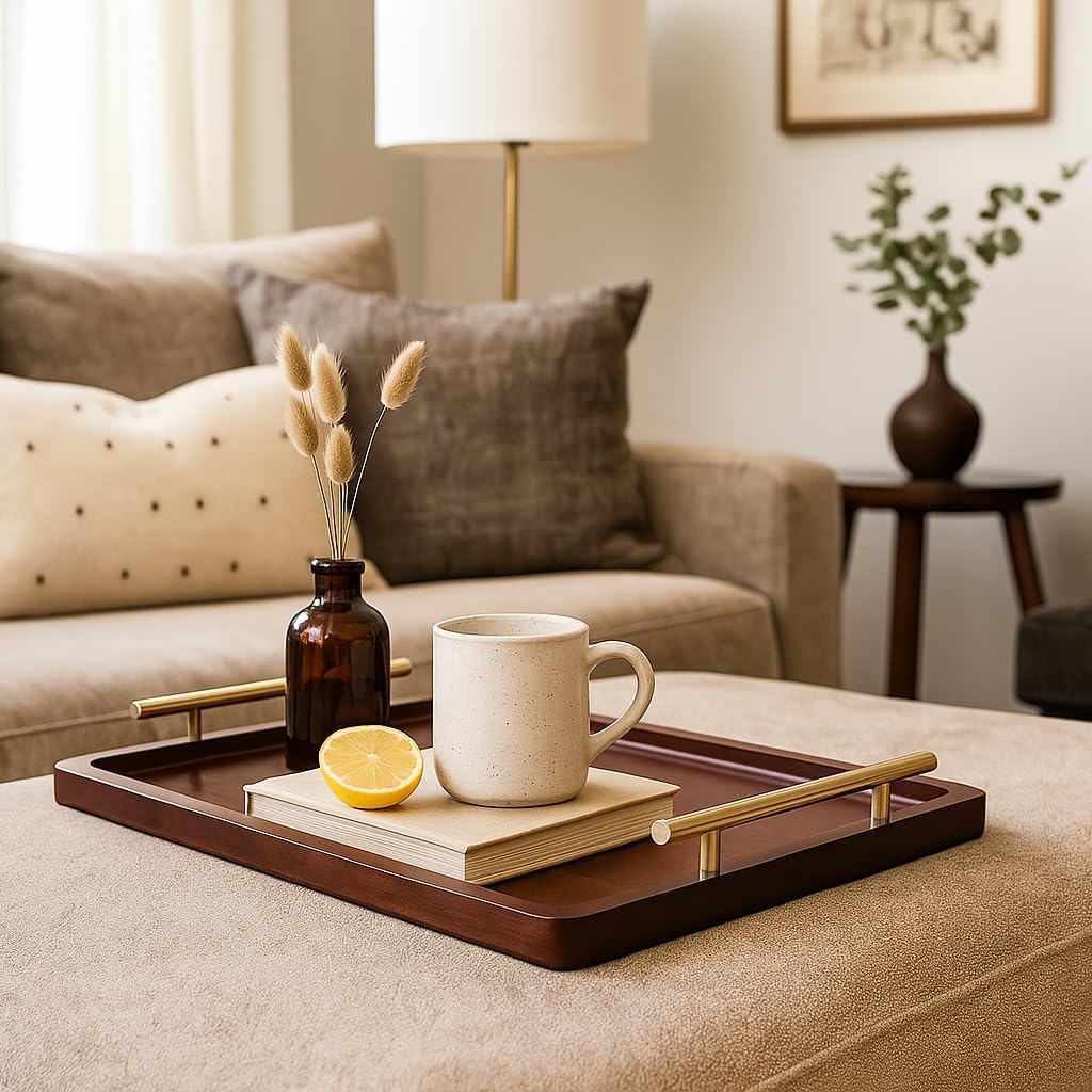 Acacia Wood Serving Tray – 17" x 13" Ottoman Tray with Metal Handles for Coffee Table, Breakfast, Snacks, Tea, Food – Decorative Wooden Tray for Kitchen, Living Room & Bedroom - HavenBliss Decor