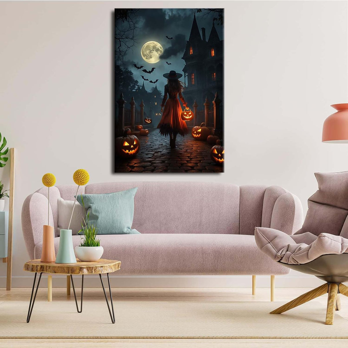 Halloween theme poster moonlit autumn night witch vintage poster art print dark college style gothic painting canvas wall decoration bedroom living room ideal gift28x40in Wood Framed
