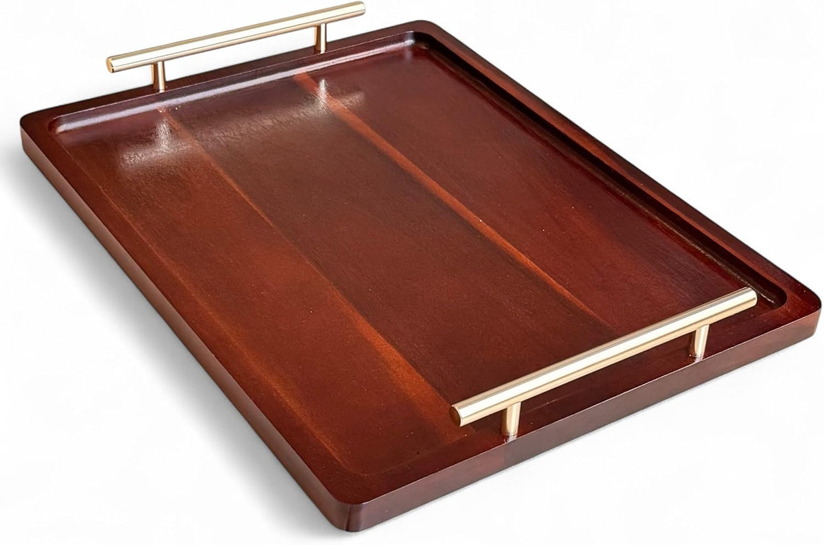 Acacia Wood Serving Tray – 17" x 13" Ottoman Tray with Metal Handles for Coffee Table, Breakfast, Snacks, Tea, Food – Decorative Wooden Tray for Kitchen, Living Room & Bedroom - HavenBliss Decor
