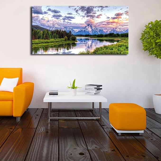 Landscape Canvas Wall Art Nature Picture Oxbow Bend Grand Teton National Park Modern Canvas Artwork River and Forest Contemporary Wall Art Large Size for Home Office Decoration 24" x 48"