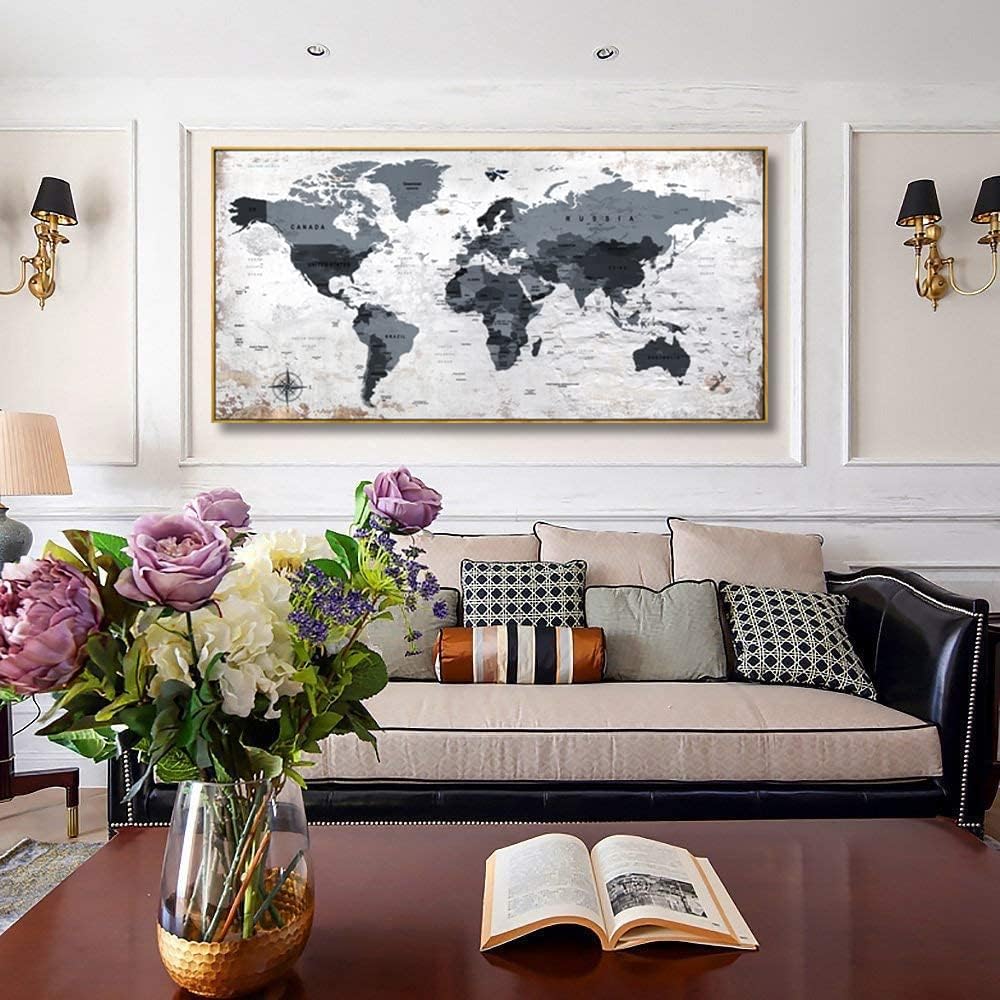Framed wall art World Map Wall Art Canvas Picture 30inchx60inch Large Black and white Map of The World Canvas Painting Artwork Prints for Office Wall Decor Home Living Room Decorations Framed Ready to Hang