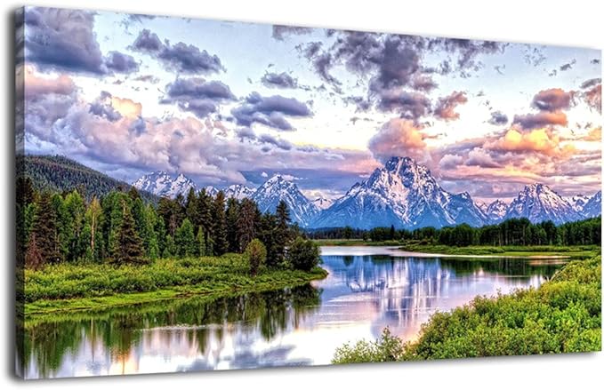 Landscape Canvas Wall Art Nature Picture Oxbow Bend Grand Teton National Park Modern Canvas Artwork River and Forest Contemporary Wall Art Large Size for Home Office Decoration 24" x 48"