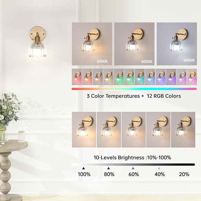 Vintage Battery Operated Wall Sconce with Transparent Tulip Glass Lampshade Rechargeable Battery Powered Wall Light with Remote Control for Bedside Bedroom Doorway