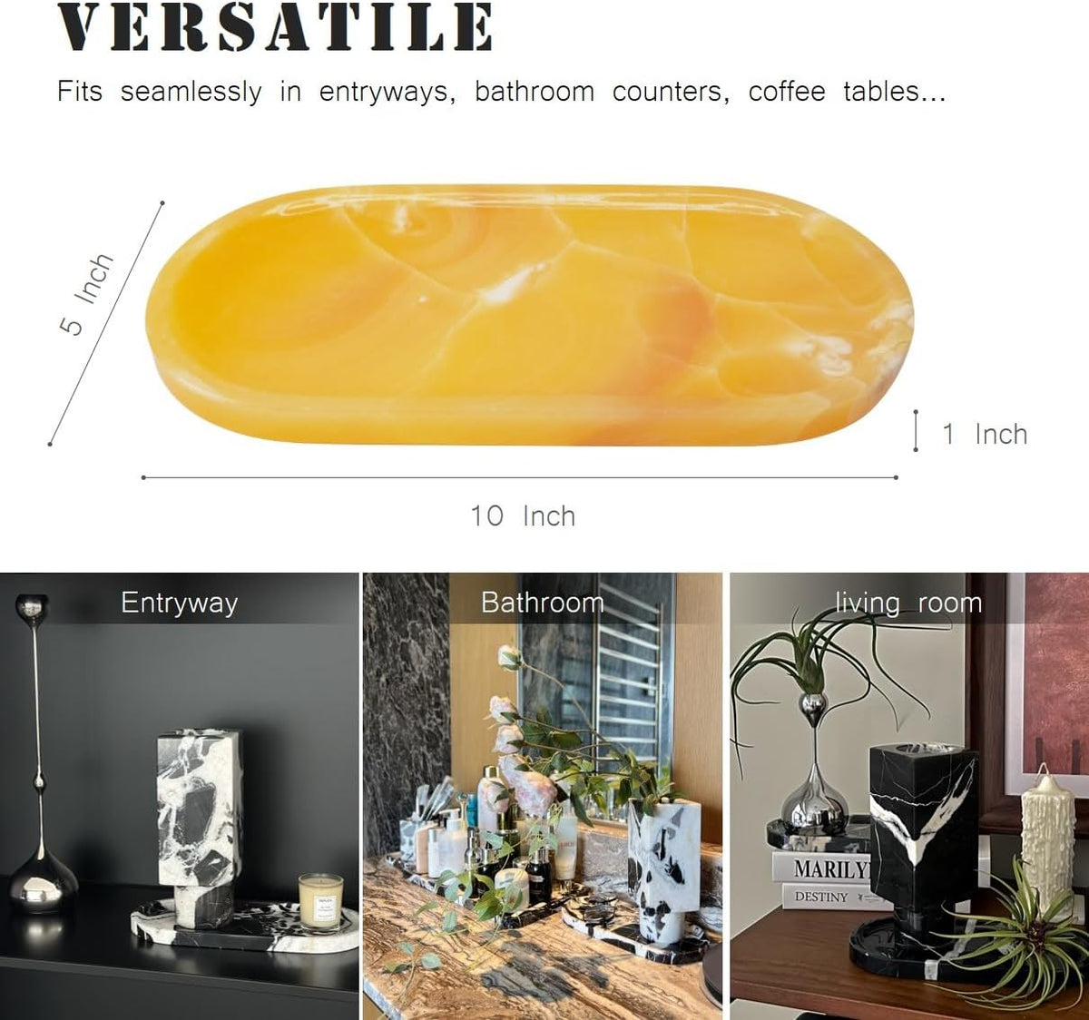 JINGJU Orange Jade Marble Oval Tray 10x5inches, Natural Stone Decorative Tray for Jewelry, Candle, Bathroom Counter, Coffee Table - HavenBliss Decor