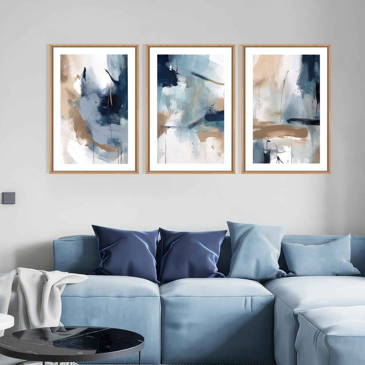 Large Abstract Navy Blue Framed Canvas Wall Art (3 Count)