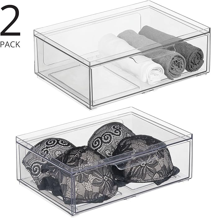 mDesign Plastic Wide Stackable Closet Storage Organizer Bin Containers with Front Pull Drawer for Cabinet, Desk, Shelf, Cupboard, or Dresser Organization, Lumiere Collection, 2 Pack - Clear