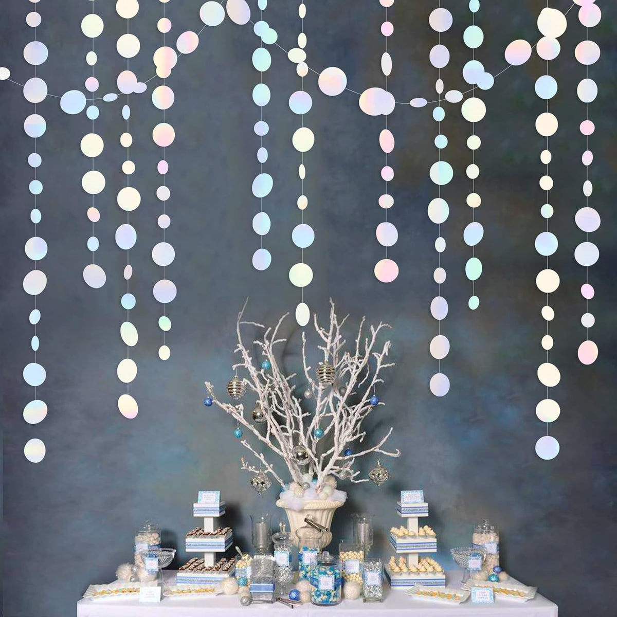 46 Ft White Iridescent Circle Dots Garland Hanging Holographic Polka Dots Streamer for Birthday Bachelorette Engagement Wedding Bridal Shower Galaxy Pastel Winter Christmas Party Decorations Supplies - HavenBliss Decor
