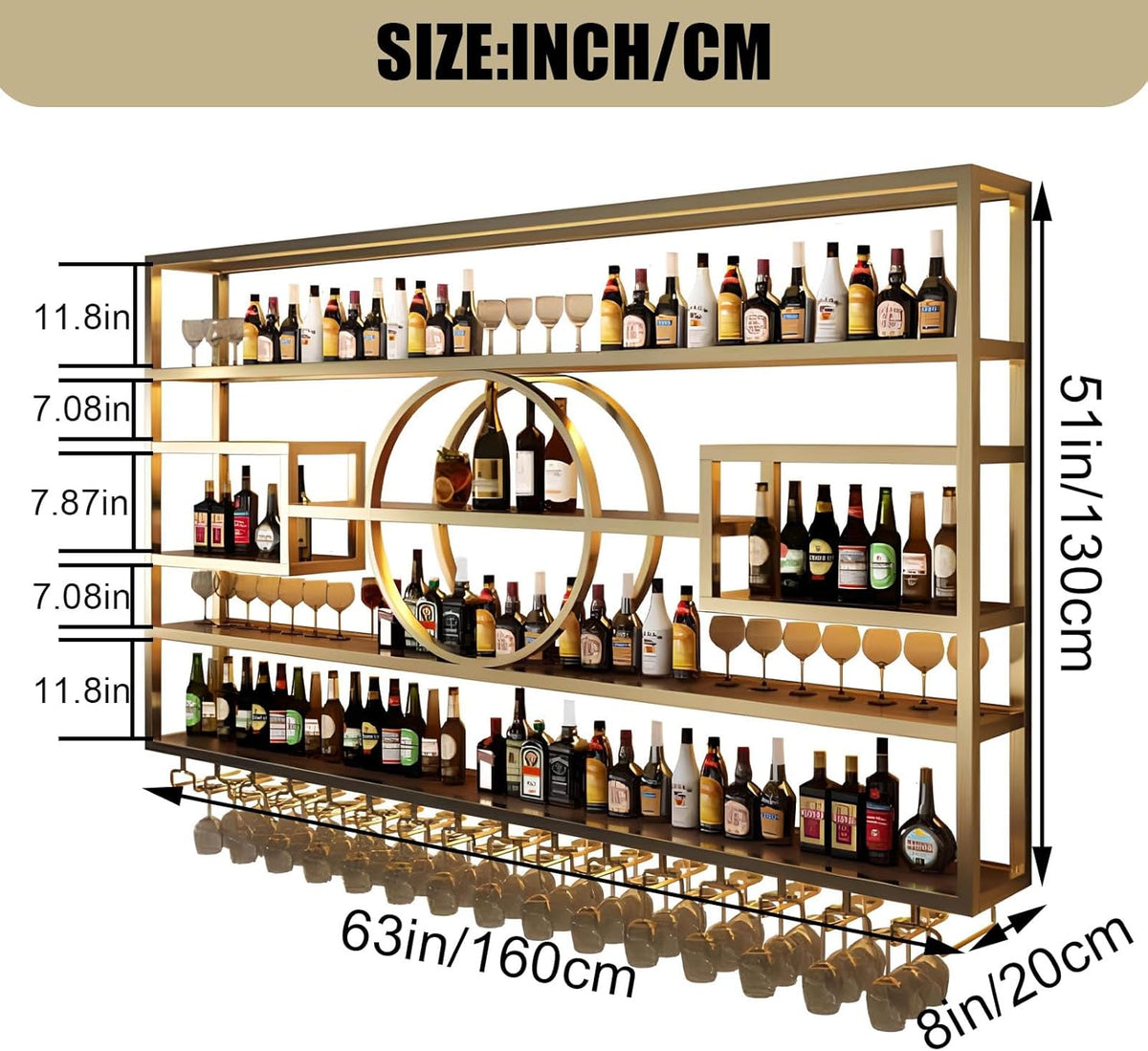 63in Wall Mounted Wine Rack, Modern Metal Wine Bottle and Glass Holder, Iron Display Stand Decorative Wine Rack, for Bar Living Room Dining Room Background (Gold, 63 * 8 * 51INCHES)