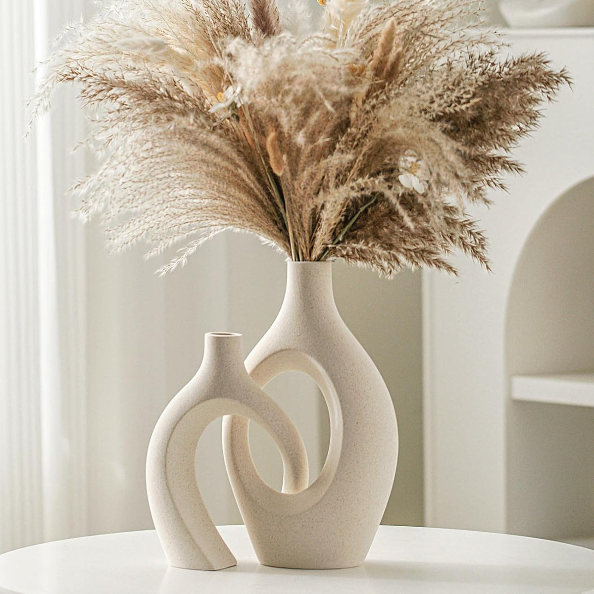 Lvases Snuggle Hollow Ceramic Vase Set of 2, Nordic Modern Boho ins Style Decorative Ceramic Aesthetic Flower Vase for Home Decor (Milky White W 6.3" X H 8.4")