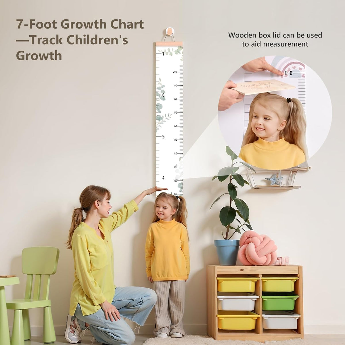 Growth Chart for Wall 7 Ft Height Chart with Keepsake Box & Hook Waterproof Canvas Measure Wall Ruler Removable Neutral Nursery Wall Decor for Baby Kids Toddlers - HavenBliss Decor