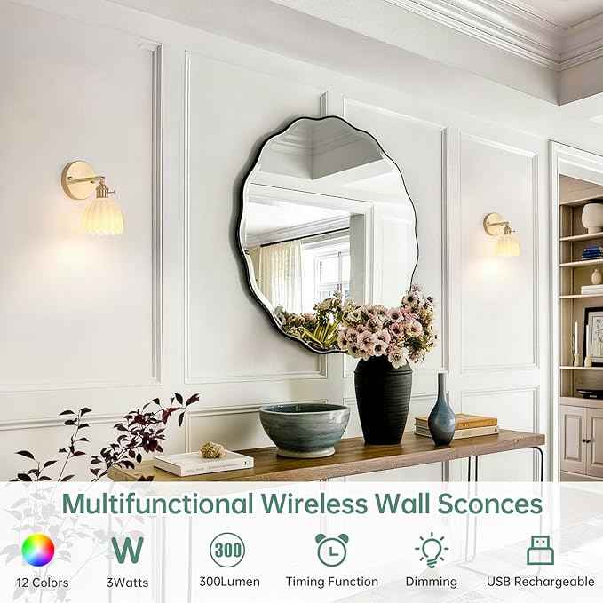 Vintage Battery Operated Wall Sconce with White Tulip Glass Lampshade Rechargeable Battery Powered Wall Light with Remote Control for Bedside Bedroom Doorway