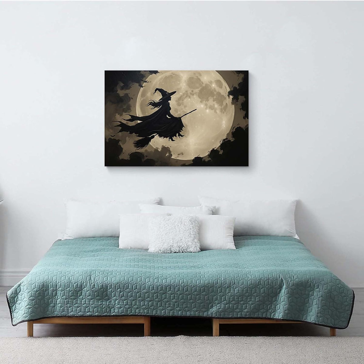 Full moon witch silhouette poster witch on magic broom Halloween mural poster decorative mural art suitable for home living room bedroom12x16in Wood Framed