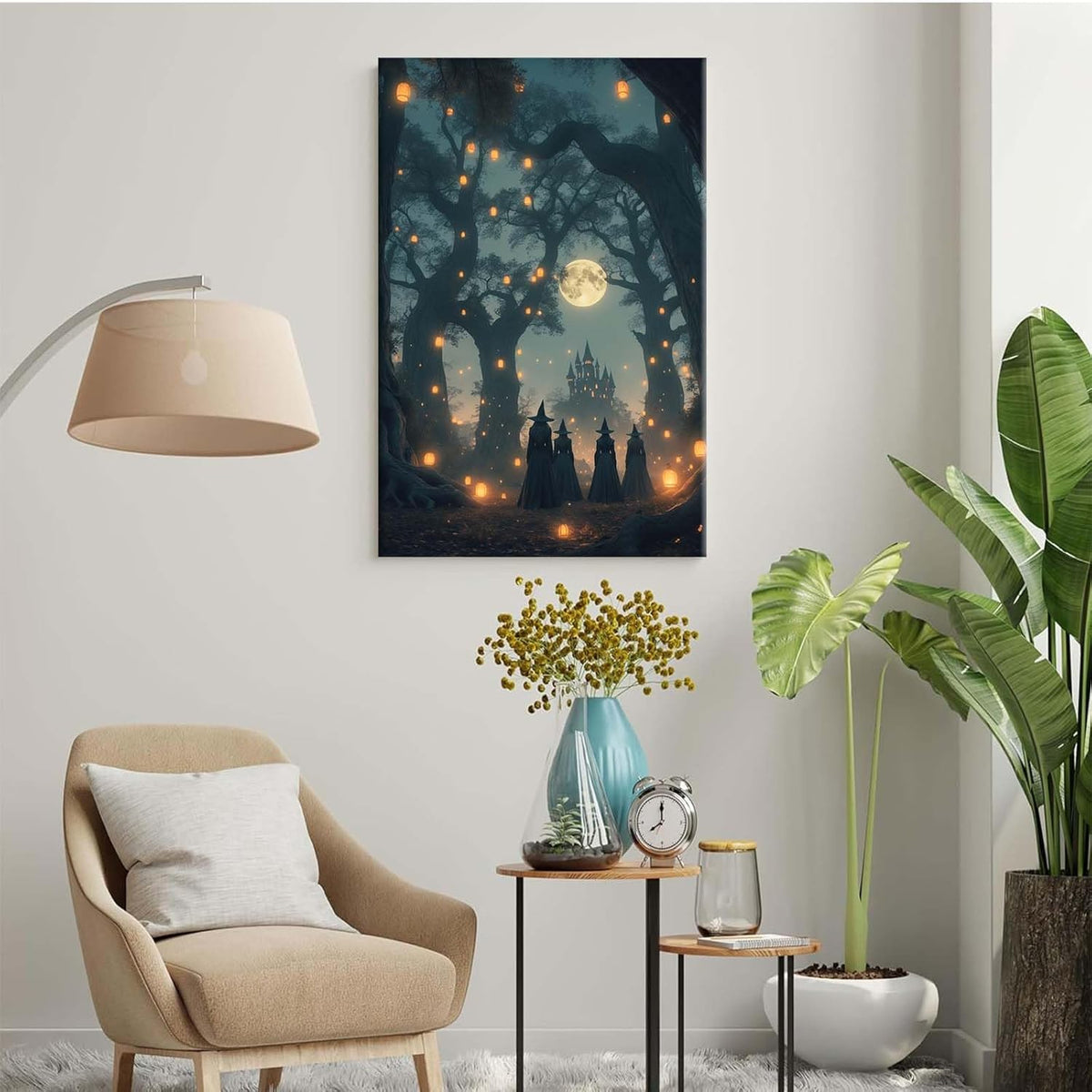 Mysterious creek painting witch and castle in magic forest art print canvas gothic print dark college decoration poster for home bedroom28x40in Wood Framed