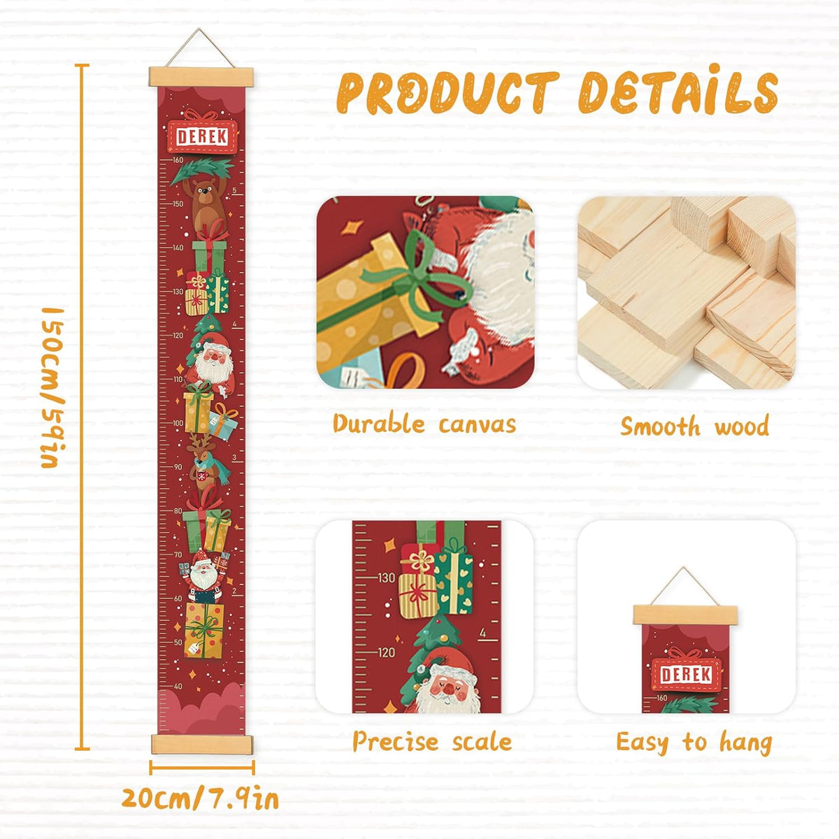 Personalized Name Growth Chart Wall Decor for Kids – Canvas Removable Height Chart Measuring Ruler 59" x 7.9" （Santa Claus Gifts） - HavenBliss Decor