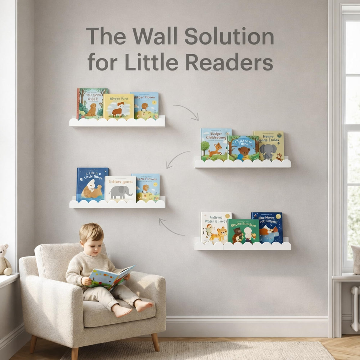 White Scalloped Nursery Shelves for Wall (4 Count)