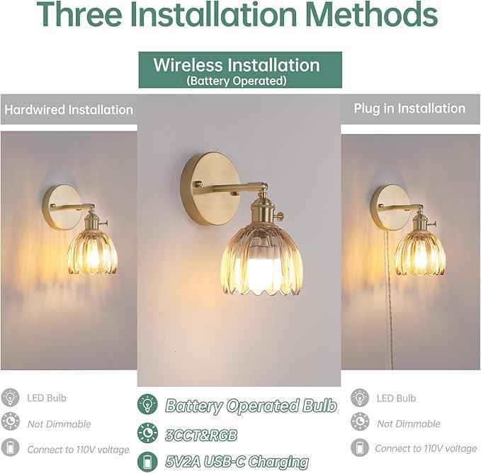 Vintage Battery Operated Wall Sconce with Amber Tulip Glass Lampshade Rechargeable Battery Powered Wall Light with Remote Control for Bedside Bedroom Doorway