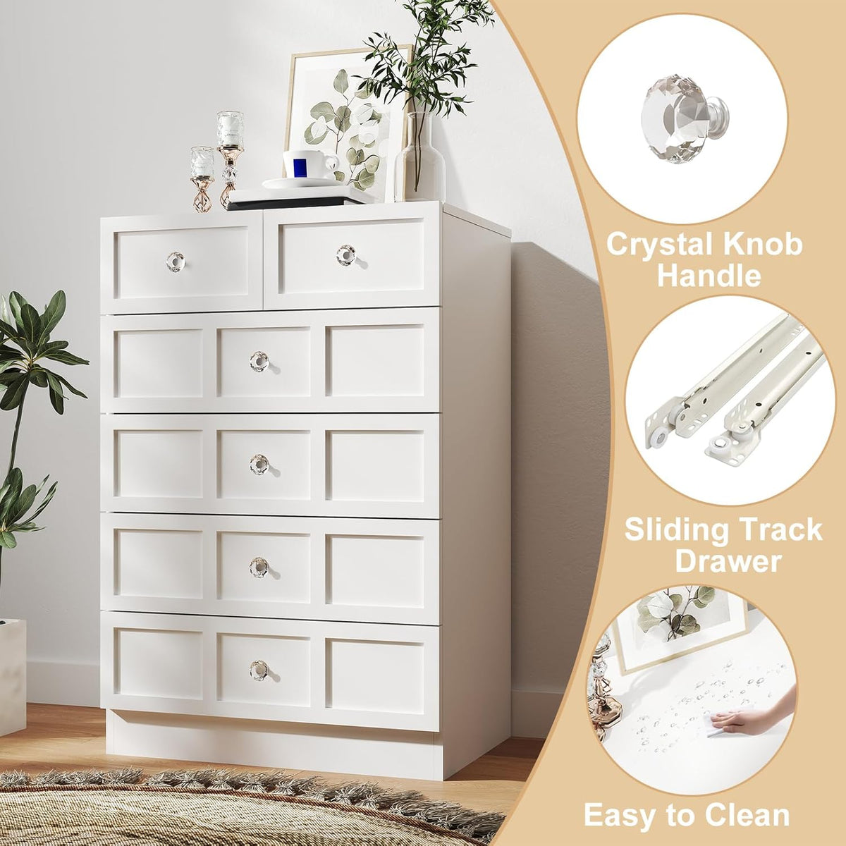 Wood Dresser for Bedroom 6 Drawer: 24" White Chest of Drawers Wood, Modern Fluted Cabinet with Sturdy Storage, Wide Aesthetic Furniture for Room Organization
