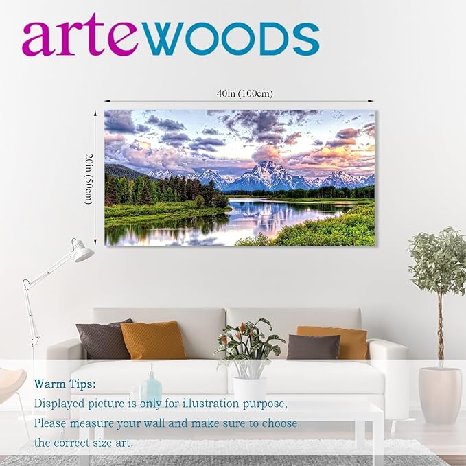 Landscape Canvas Wall Art Nature Picture Oxbow Bend Grand Teton National Park Modern Canvas Artwork River and Forest Contemporary Wall Art Large Size for Home Office Decoration 20" x 40"