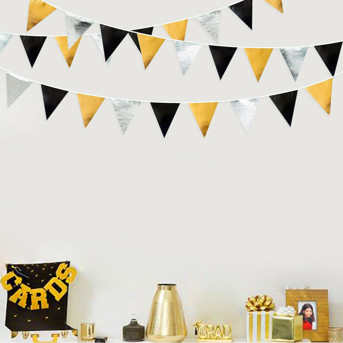 Black Gold Silver Party Decoration Triangle Pennant Banner Flag Metallic Fabric Bunting Garland for Birthday Graduation Anniversary Wedding Bridal Shower Bachelorette Engagement Disco Party Supplies - HavenBliss Decor