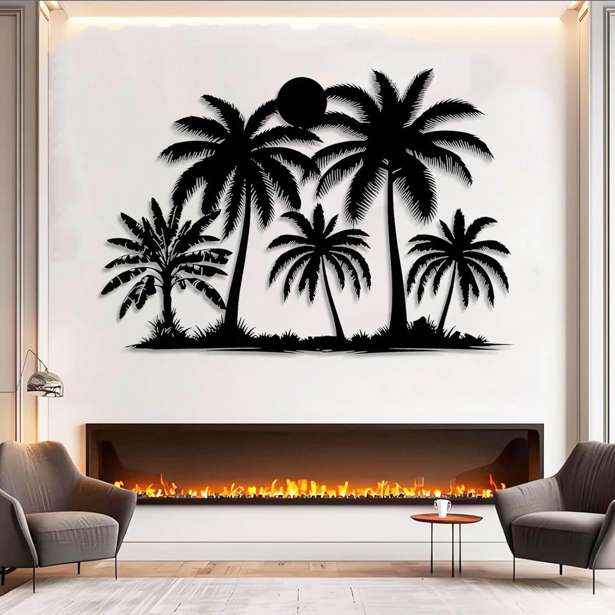 Tuglona Metal Palm Tree with Sunset Wall Decor, Tropical Palm Tree Metal Wall Art, Tropical Wall Decor, Sun Wall Art, Beach Wall Decoration, Coastal Trees Wall Hanging (White, 53"x37"/135x93cm) - HavenBliss Decor