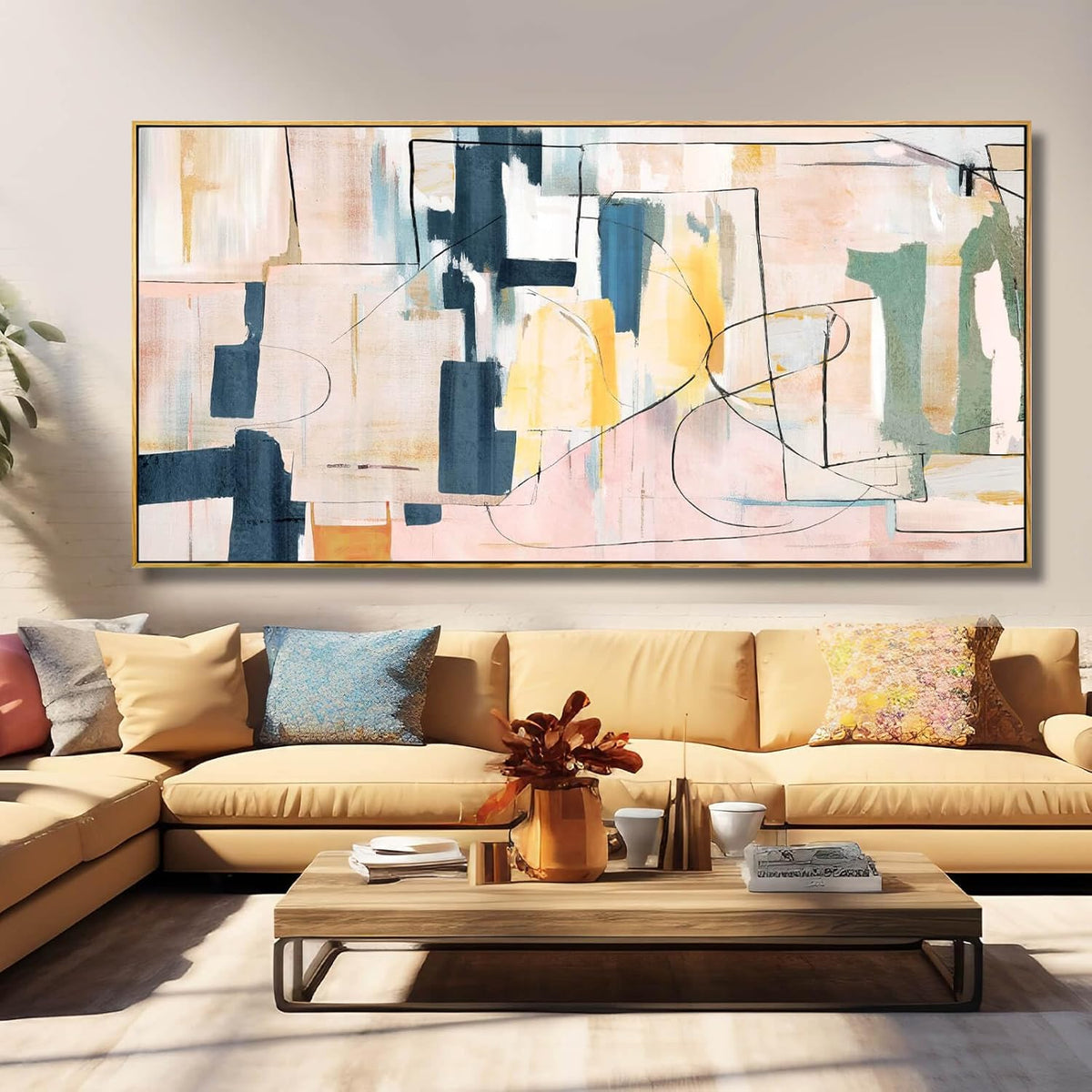 Pink Abstract Painting Large Wall Art Living Room Decor Blue Canvas Print Line Artwork Home Office Decoration 29x58 Inch