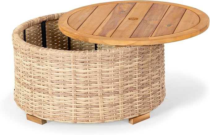 SAFAVIEH Couture Collection – Anguilla Faux Wicker Indoor/Outdoor Storage Coffee Table, Fully Assembled, Natural Brown Patio Accent Table with Removable Wood Top (CPT2103A)