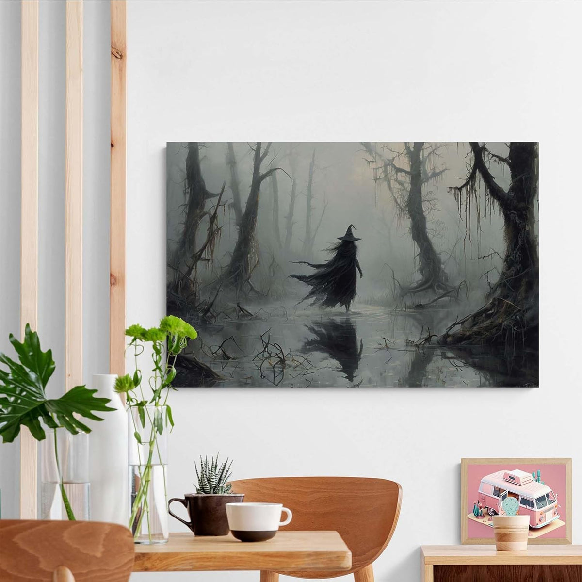 Vintage rustic swamp witch poster dark moody wall art gothic horror season halloween print for home decor retro dark moody painting8x12in Wood Framed
