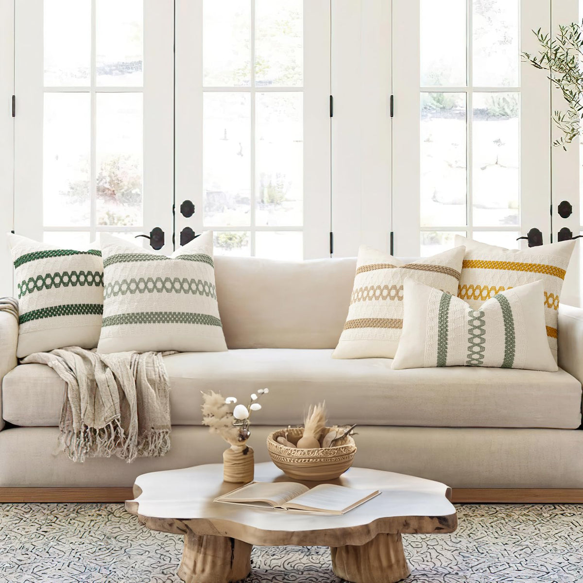 Set of 2 Sage Green Boho Decorative Pillow Covers 22x22 Inch (2 Count)