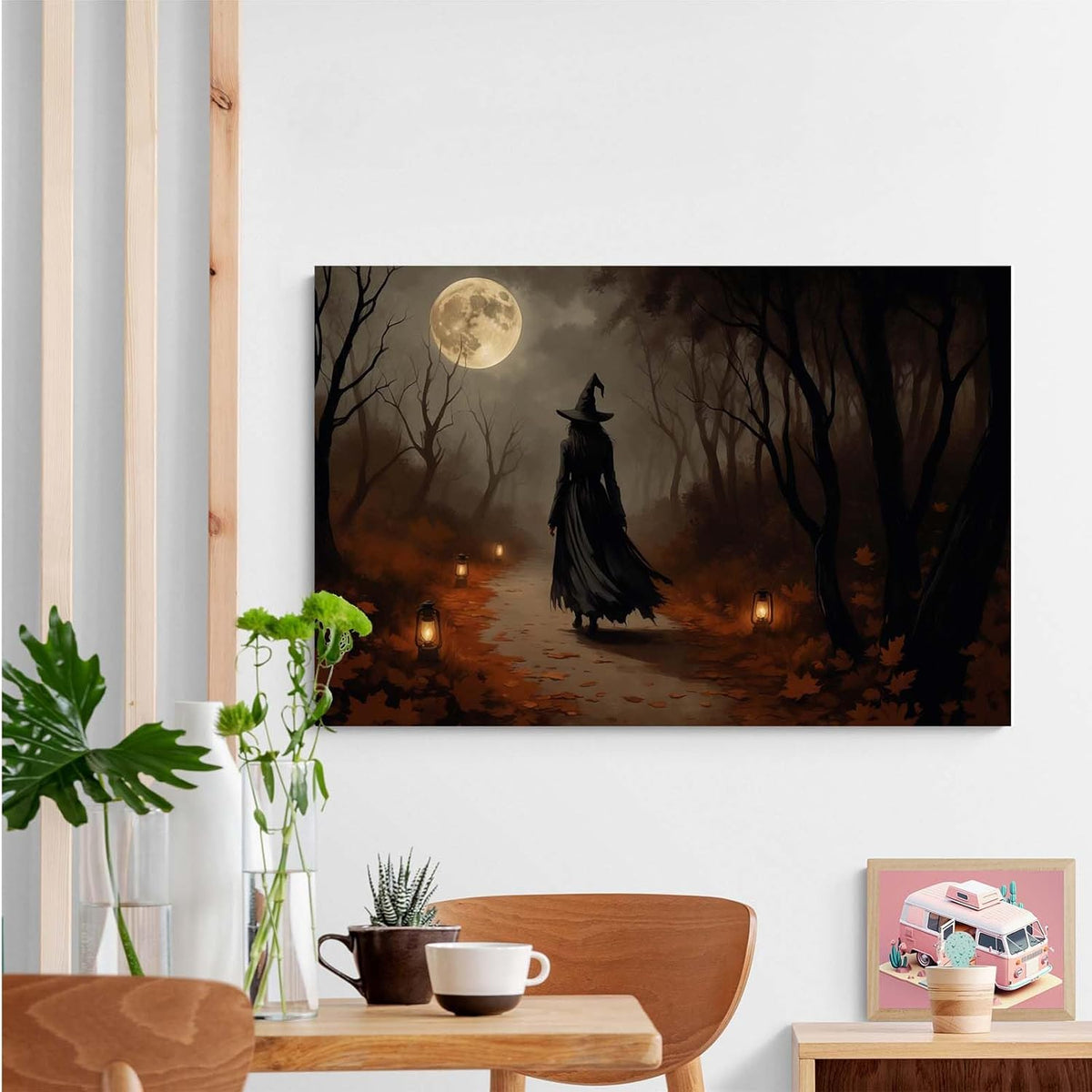Moonlight witch poster dim lantern Halloween decoration Gothic style dark retro college style canvas wall art suitable for living room bedroom20x30in Wood Framed