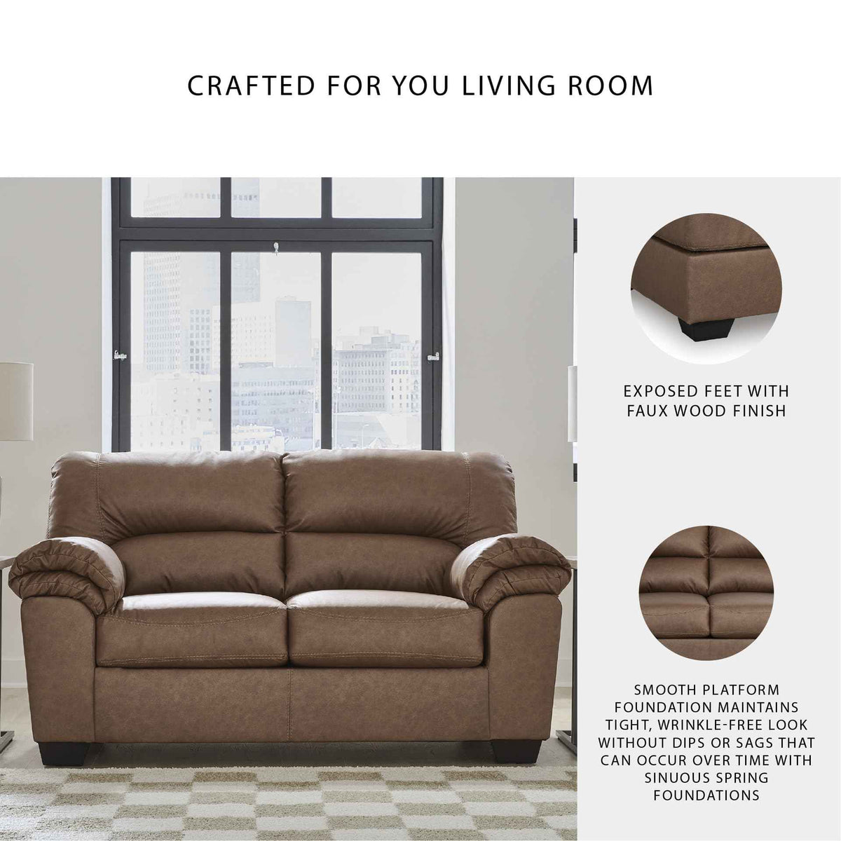 Faux Leather Caramel Brown Loveseat Sofa Couch