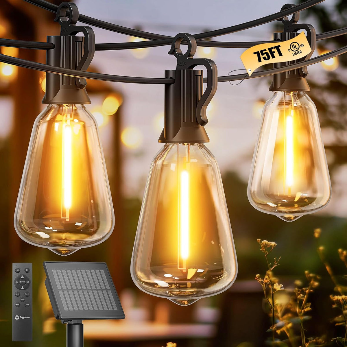 Brightown Solar String Lights Outdoor Waterproof 75FT with 35 Shatterproof ST38 LED Bulbs, 2700K Solar Lights Outdoor with Remote, Solar String Lights for Outside, Camping, Yard, Party Decor