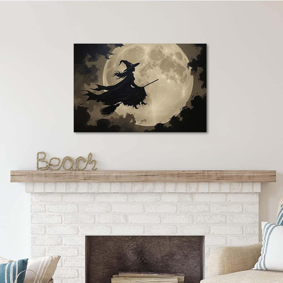 Full moon witch silhouette poster witch on magic broom Halloween mural poster decorative mural art suitable for home living room bedroom12x16in Wood Framed