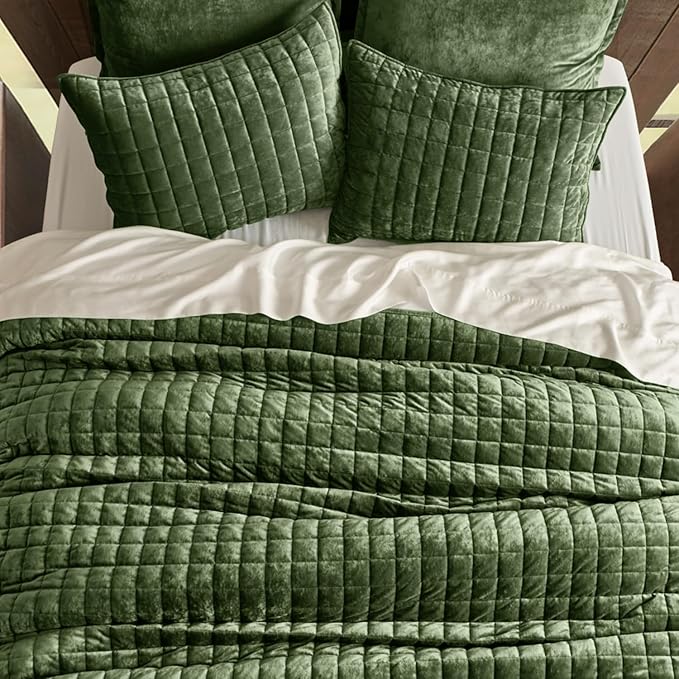 RECYCO Luxury Velvet Quilt Set Full Queen Size Bedding Sets, Ultra Soft Velvet Comforter Set, Lightweight Channel Box Stitch Oversized Bedspread Coverlet for All Season, with 2 Shams, Loden Green