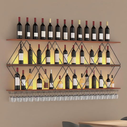 59in Wine Rack Wall Mount with Glass Holder, 3-Tier Floating Wine Rack, Multi-Function Bar Wine Bottle Display Rack for Commercial Restaurants, Tea Rooms, Bars, Wine Cellars (black, 59.05in/150cm)