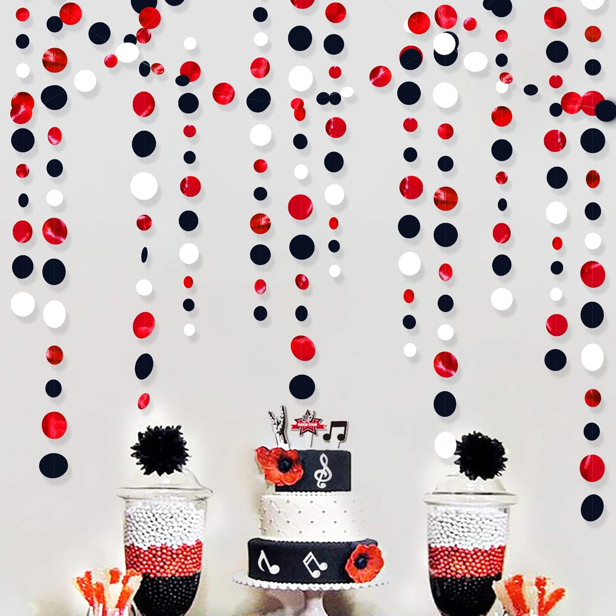 46 Ft Red Black and White Circle Dots Garland Hanging Paper Polka Dots Streamer for Graduations Birthday Bachelorette Engagement Wedding Bridal Shower Holiday Casino Poker Pirate Party Decorations - HavenBliss Decor