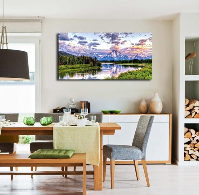 Landscape Canvas Wall Art Nature Picture Oxbow Bend Grand Teton National Park Modern Canvas Artwork River and Forest Contemporary Wall Art Large Size for Home Office Decoration 24" x 48"