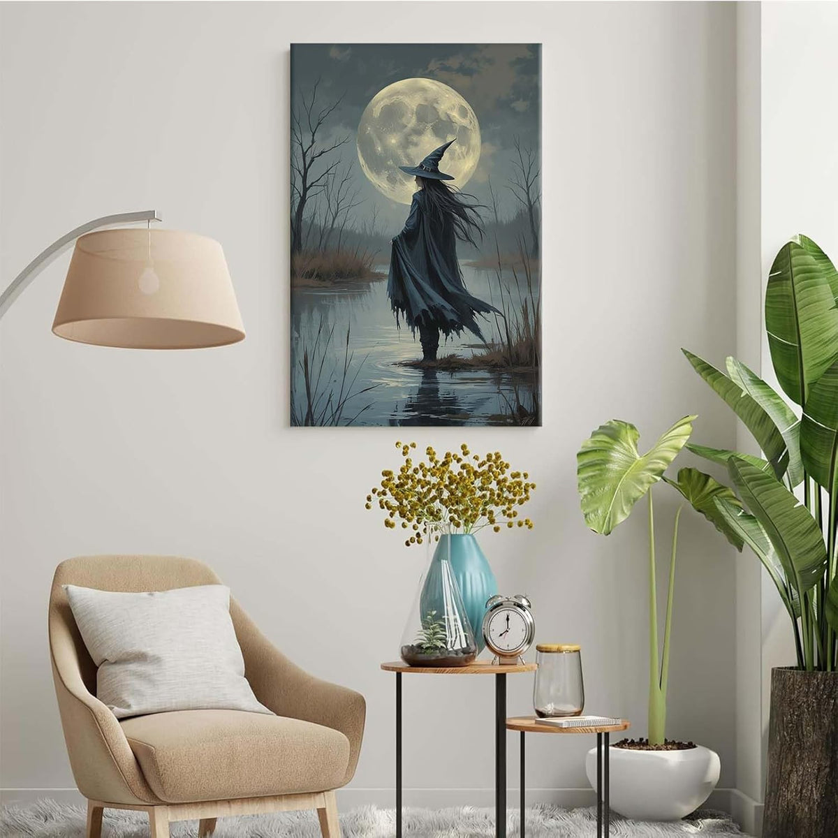 JFHCQJPK Witch in the moonlight magic canvas wall art enchanting Halloween home decor swamp witch silhouette oil painting mysterious gothic aesthetic wall decor print poster24x36in Frameless