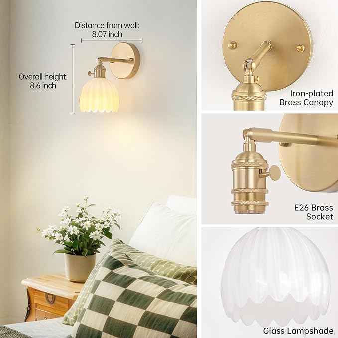 Vintage Battery Operated Wall Sconce with White Tulip Glass Lampshade Rechargeable Battery Powered Wall Light with Remote Control for Bedside Bedroom Doorway