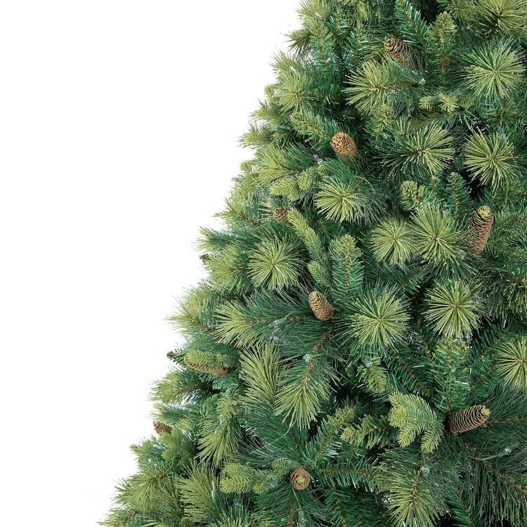 9ft Christmas Tree with Lights Realistic Traditional Christmas Tree Prelit with Pine Cones Foot Pedal 2294 Branch Tips 1050 Warm Lights and Metal Stand Aritificial