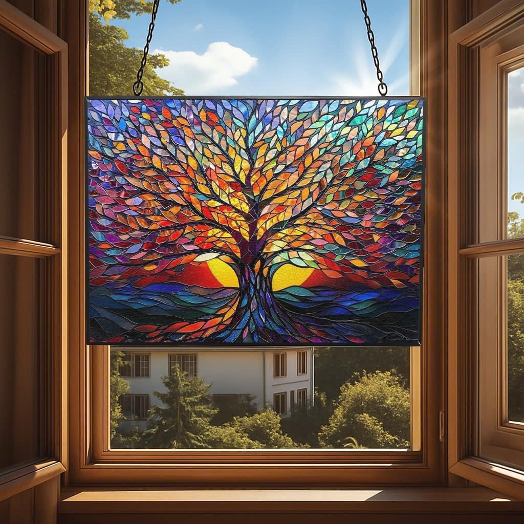 Rectangle Tree of Life Stained Glass Window Hanging Window Suncatcher Glass Panel with Metal Chain Sun Catchers Wall Art Home Decor Gift for Women Mother's Day - HavenBliss Decor