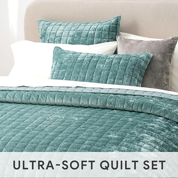 RECYCO Luxury Velvet Quilt Set Twin/Twin XL Size, Lightweight Velvet Comforter Set, Oversized Bedspread Coverlet Quilted Bedding Set, with 1 Matching Pillow Sham, for All Season, Aqua Green
