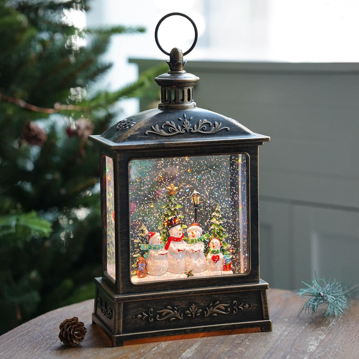 12.5'' Christmas Snow Globe Lantern Lighted Snowman Choir Musical Snowmen Carolers Water Lantern in Swirling Glittering Home Decoration and Gift, Battery Operated or USB Powered