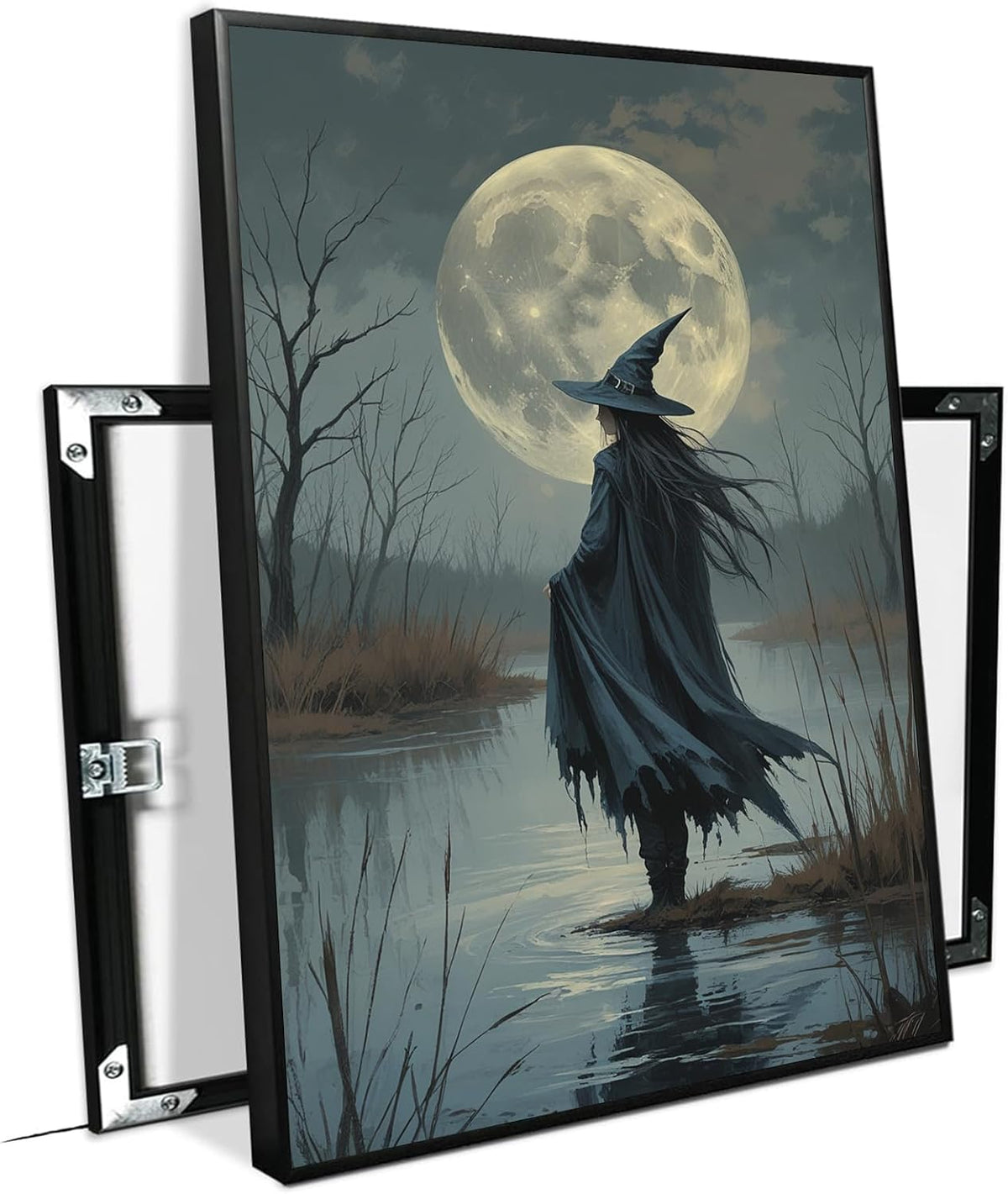 JFHCQJPK Witch in the moonlight magic canvas wall art enchanting Halloween home decor swamp witch silhouette oil painting mysterious gothic aesthetic wall decor print poster12x16in Metal blackFramed