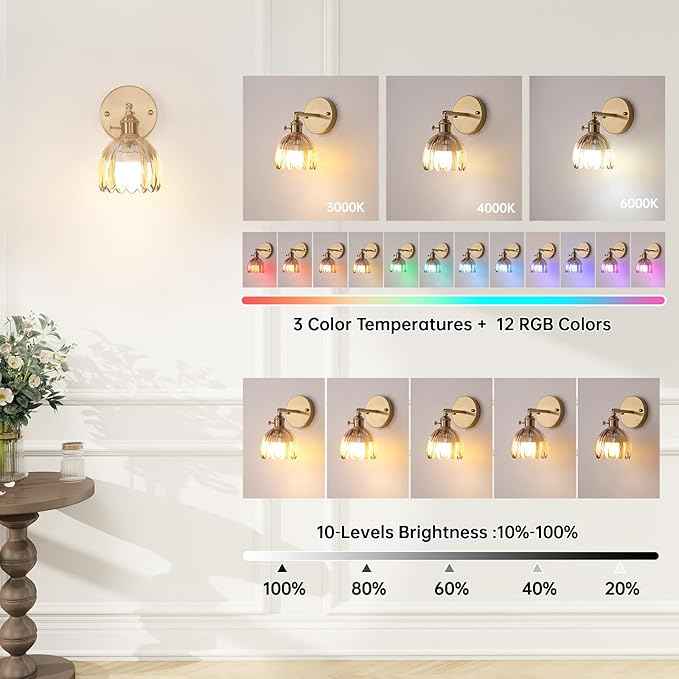 Vintage Battery Operated Wall Sconce with Amber Tulip Glass Lampshade Rechargeable Battery Powered Wall Light with Remote Control for Bedside Bedroom Doorway
