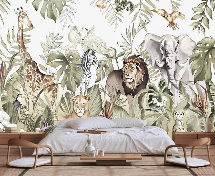 Hand Painted Beautiful Wall Mural Pattern of Tropical Plants and Various Animals